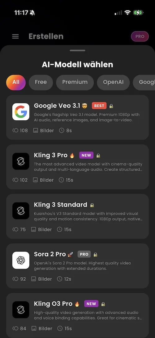VIBE App Screenshot mit KI-Video-Modellen